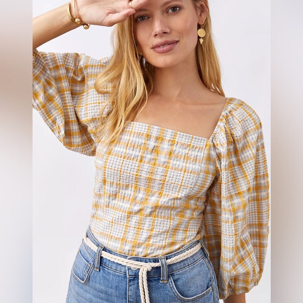 Maeve X Anthropologie Plaid Square-Neck Puff Sleeve Smocked Back Blouse Size XS